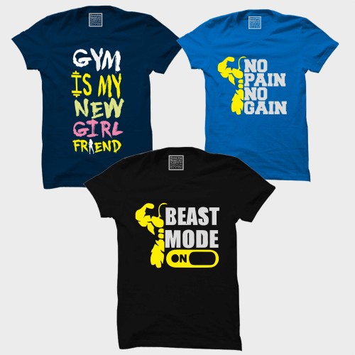 Beast Mode On + Gym is my new G.F + No Pain No Gain Workout Motivational " Large Size " T-shirt Combo