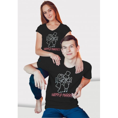 Happily Married With Couples 100% Cotton Round Neck Couple Valentine T shirts