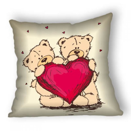 Cute Teddies Holding Heart Cushion Cover